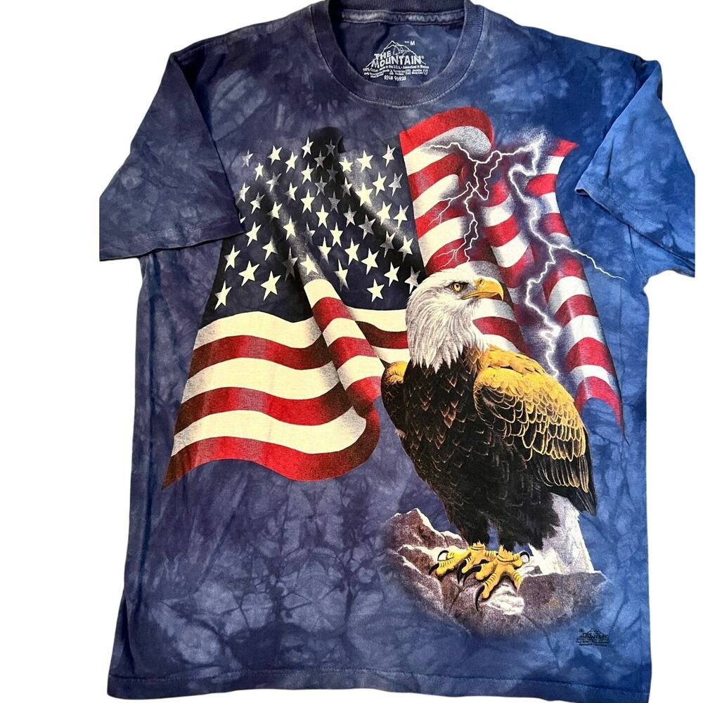 The Mountain Y2K vintage USA Bald Eagle American Flag Blue Tie Dye T Shirt Med